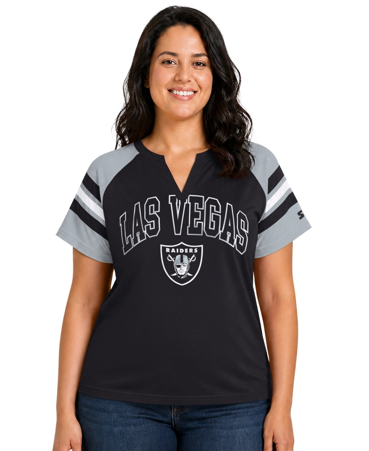Starter Plus Size Las Vegas Raiders Game On Notch Neck Raglan T-shirt In Black