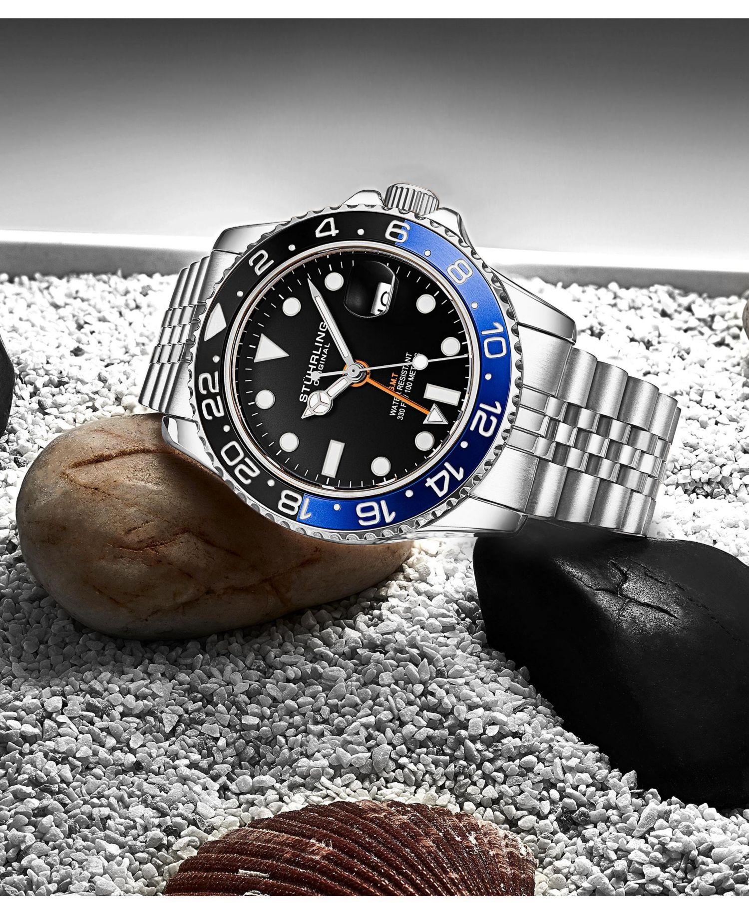Meridian 3968 Men s GMT Diver Watch - Quartz Movement, 42mm Stainless Steel Case, Black Dial, Blue/Black Bezel