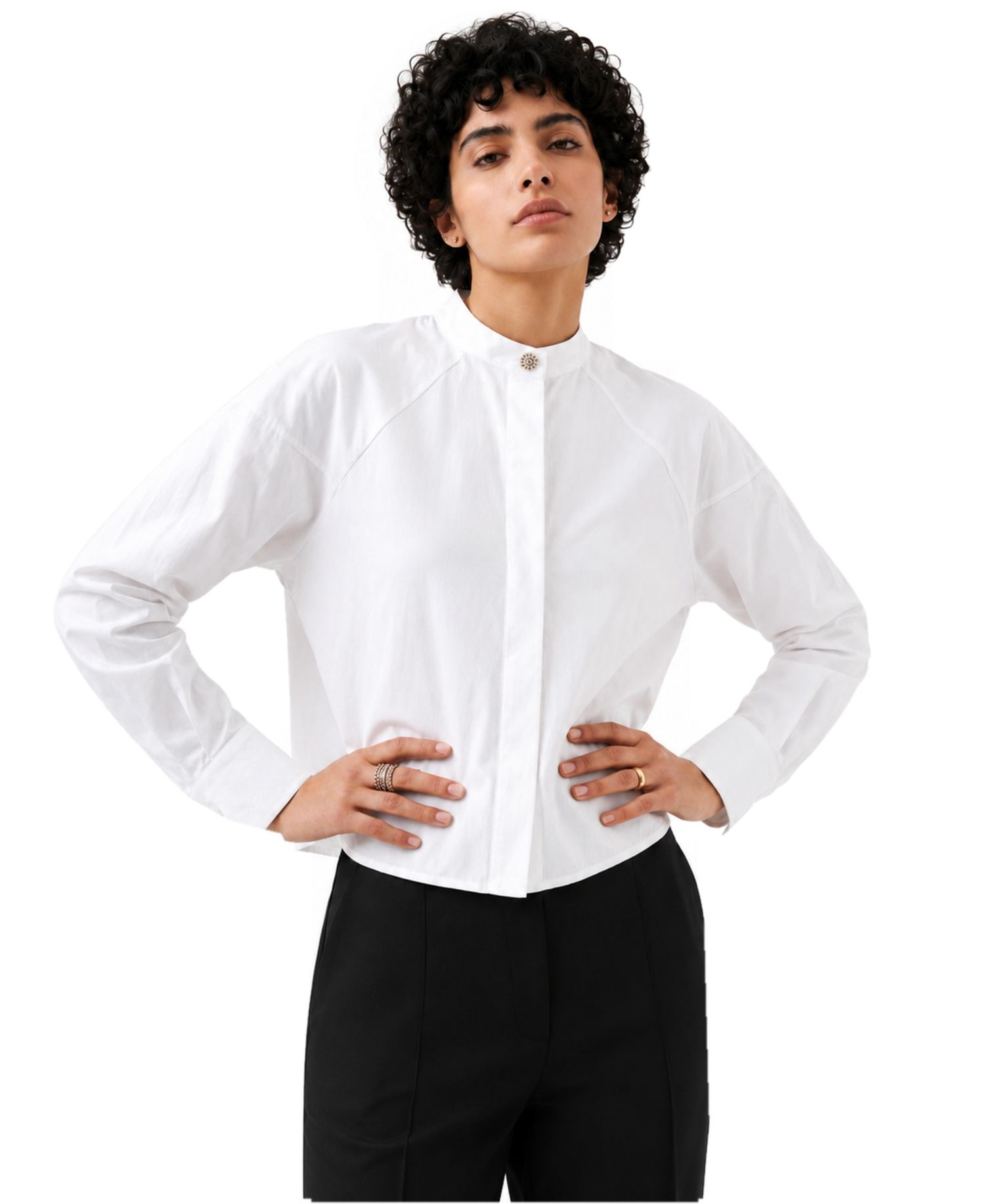 Women's Raglan Long-Sleeve Striped Band Collar Blouse