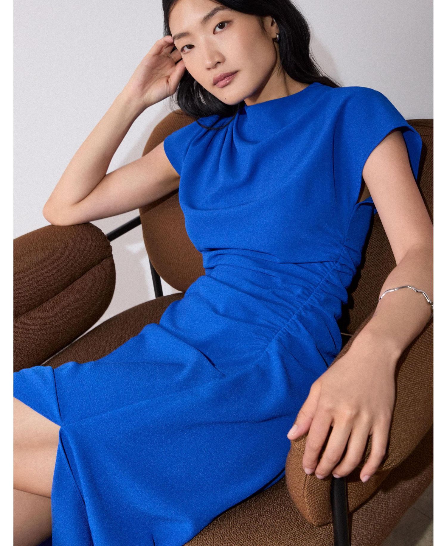 Women's Ruched Asymmetric Short-Sleeve Midi Dress