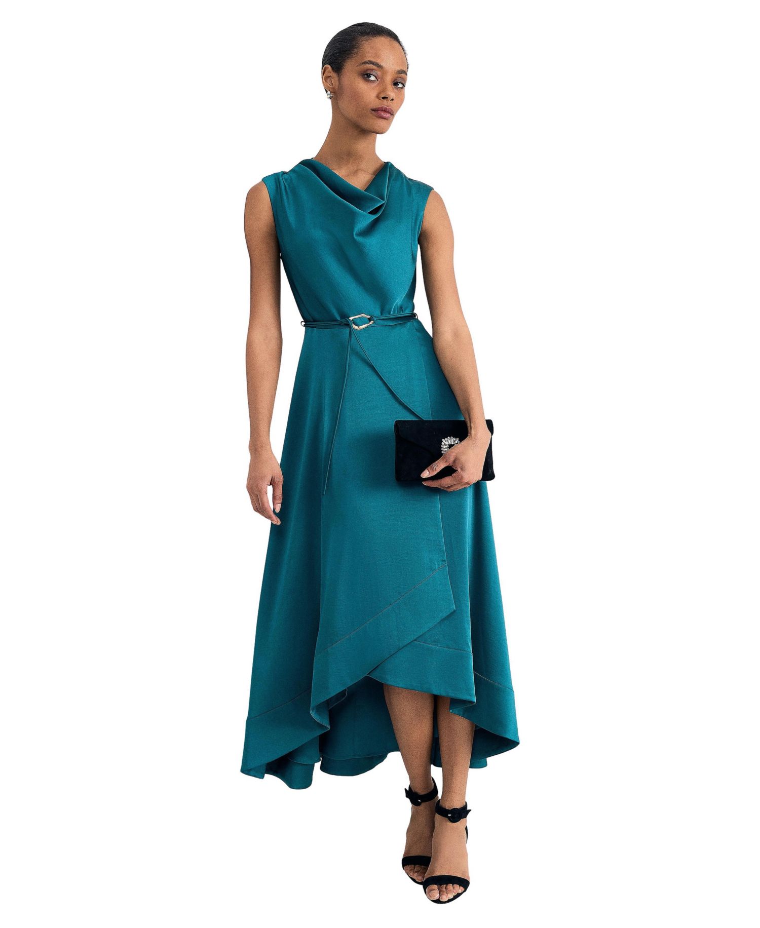 Women's Cowl Neck Belted Midi Dress