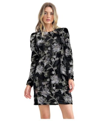 Women's Destiny Floral-Sequin Long-Sleeve Mini Dress