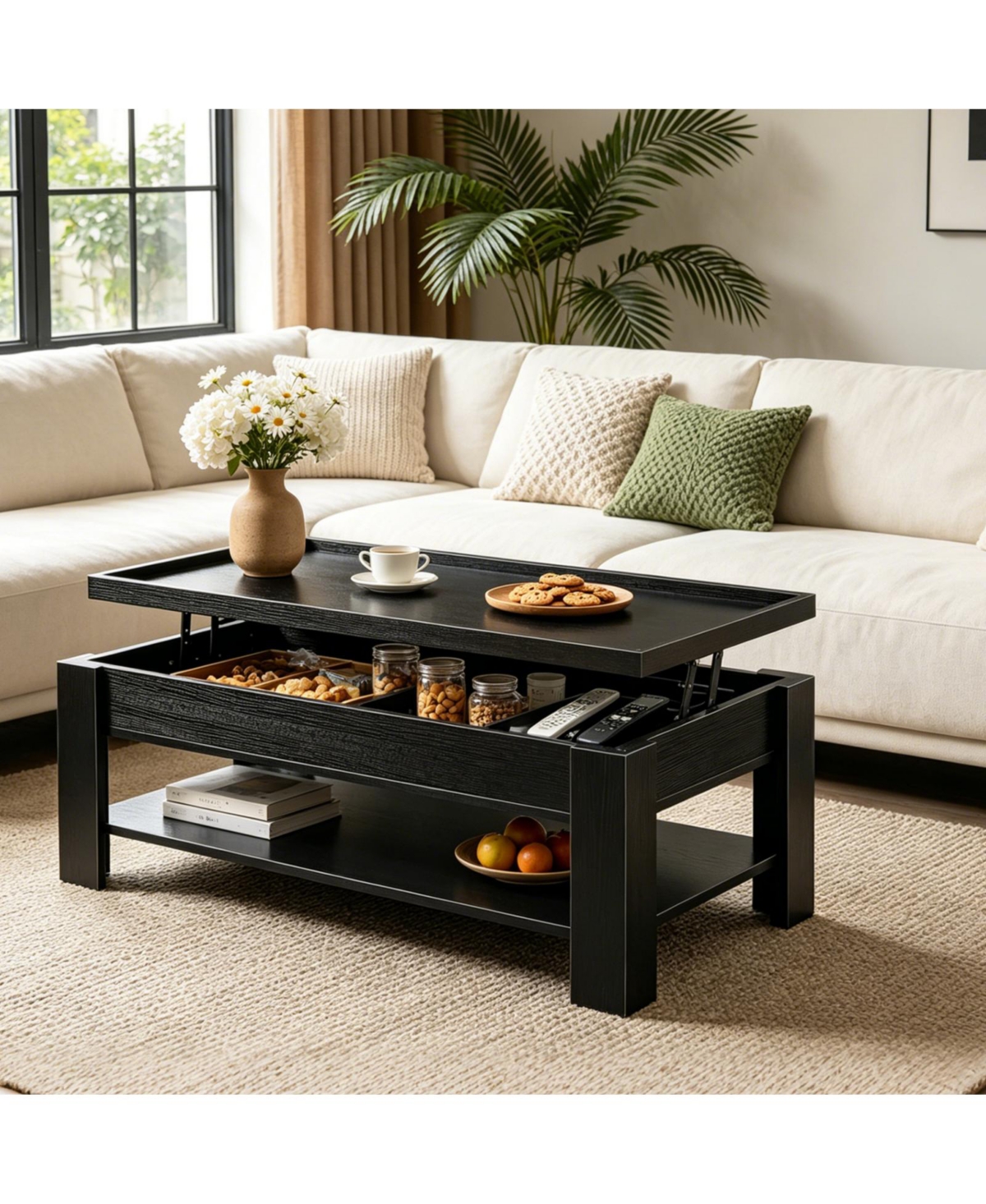 gaomon Coffee Table with Hidden Storage, Modern Wood Center Large Compartment and Shelf, Rising Desktop Dining for Living Room