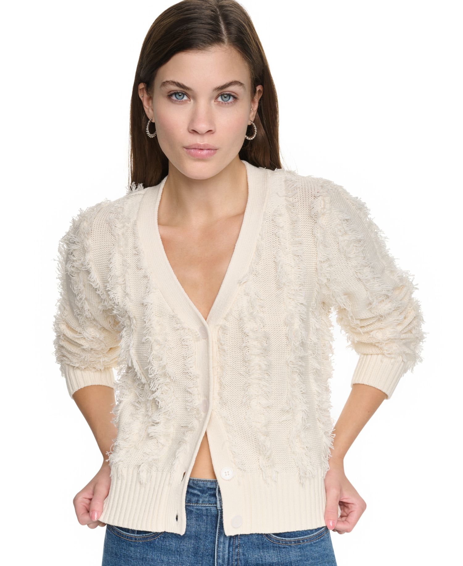 Women's Long-Sleeve V-Neck Fringe-Stitch Cardigan