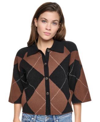 Women's Fuzzy-Knit Argyle Polo Collar Cardigan