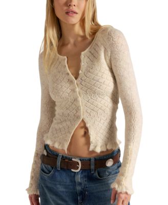 Women's Love Cardi Pointelle-Knit Ruffled Scoop Neck Cardigan Sweater