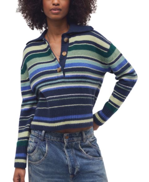 Женский свитер Free People Trading Up Lightweight Stripe Polo Sweater, цвет: Тёмно-синий комбинированный