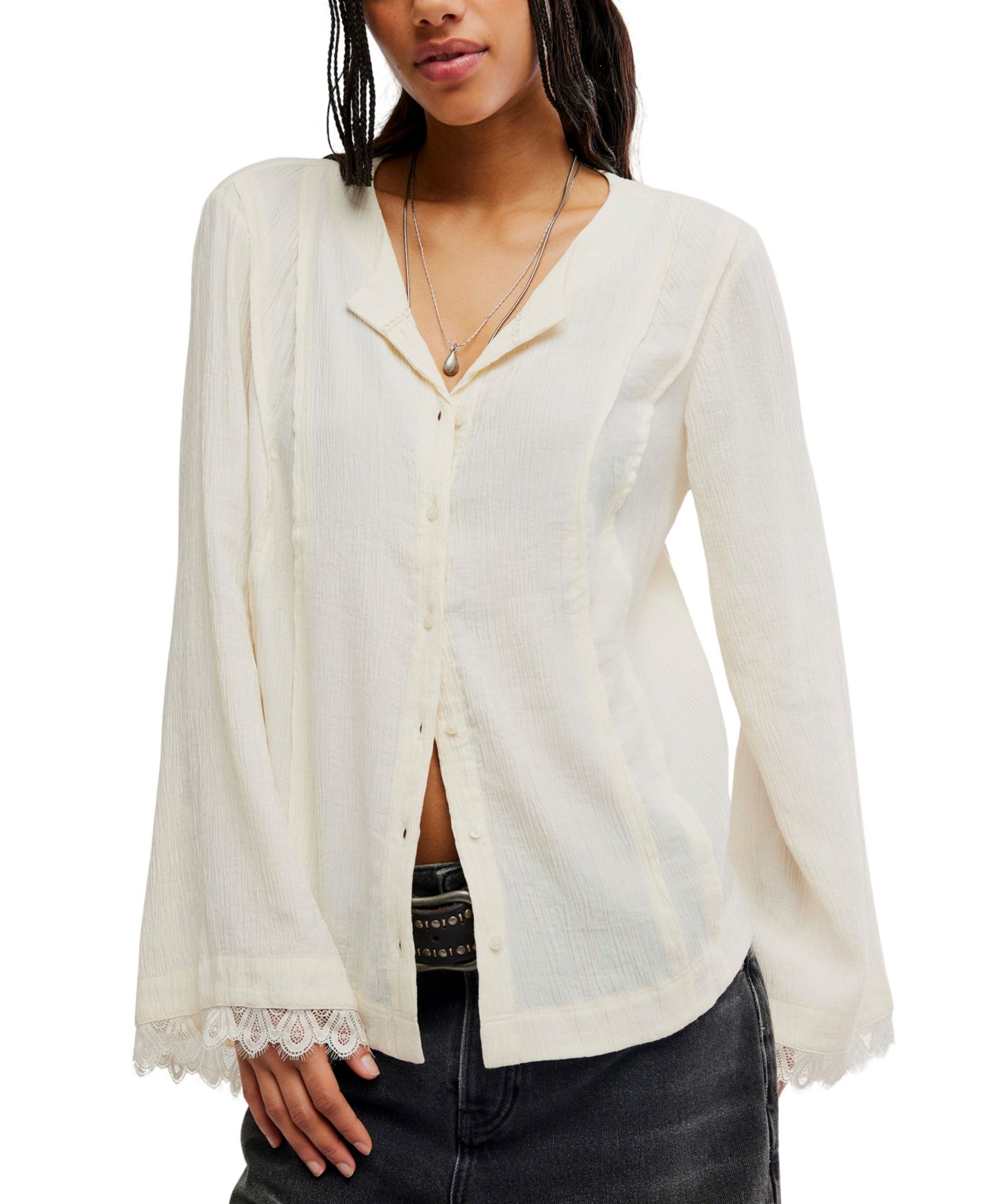 Women's Donni Collared Long-Sleeve Lace-Trim Blouse