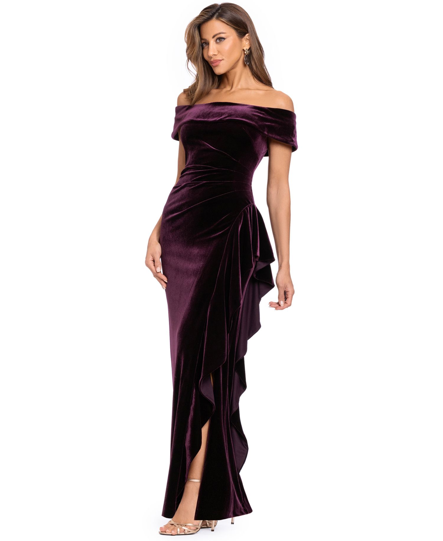 Women's Velvet Off-the-Shoulder Ruffle Gown