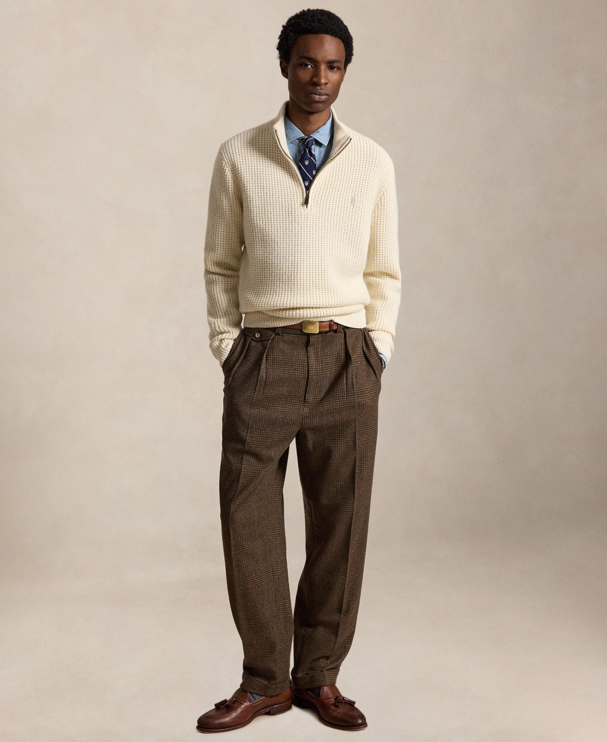 Polo Ralph Lauren Men's Quarter-Zip Mock-Neck Waffle-Knit Wool-Cotton Blend Sweater