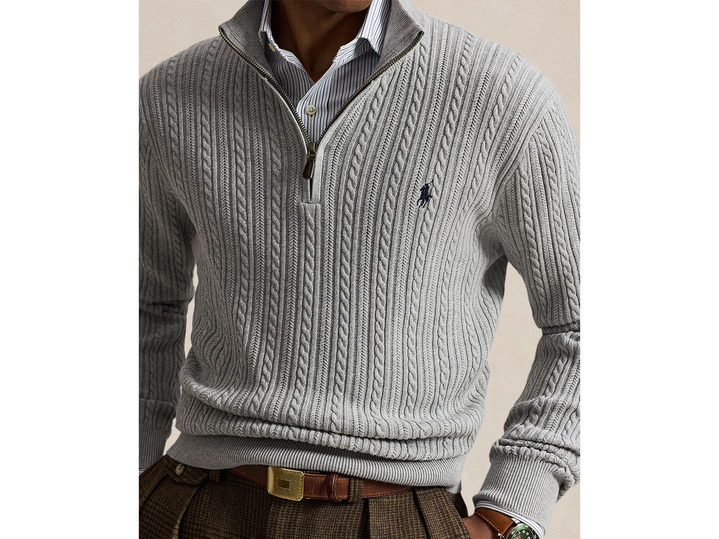 Мужской свитер Polo Ralph Lauren Cable-Knit Quarter-Zip Mockneck, цвет: Меланжевый — фото 3