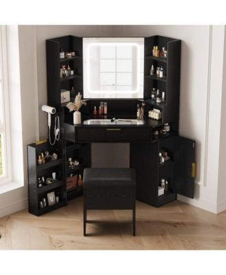 Corner Vanity Desk with Mirror and Lights - Glass Top, Charging Station, Dimmable LED, Drawers and Cubby for Bedroom