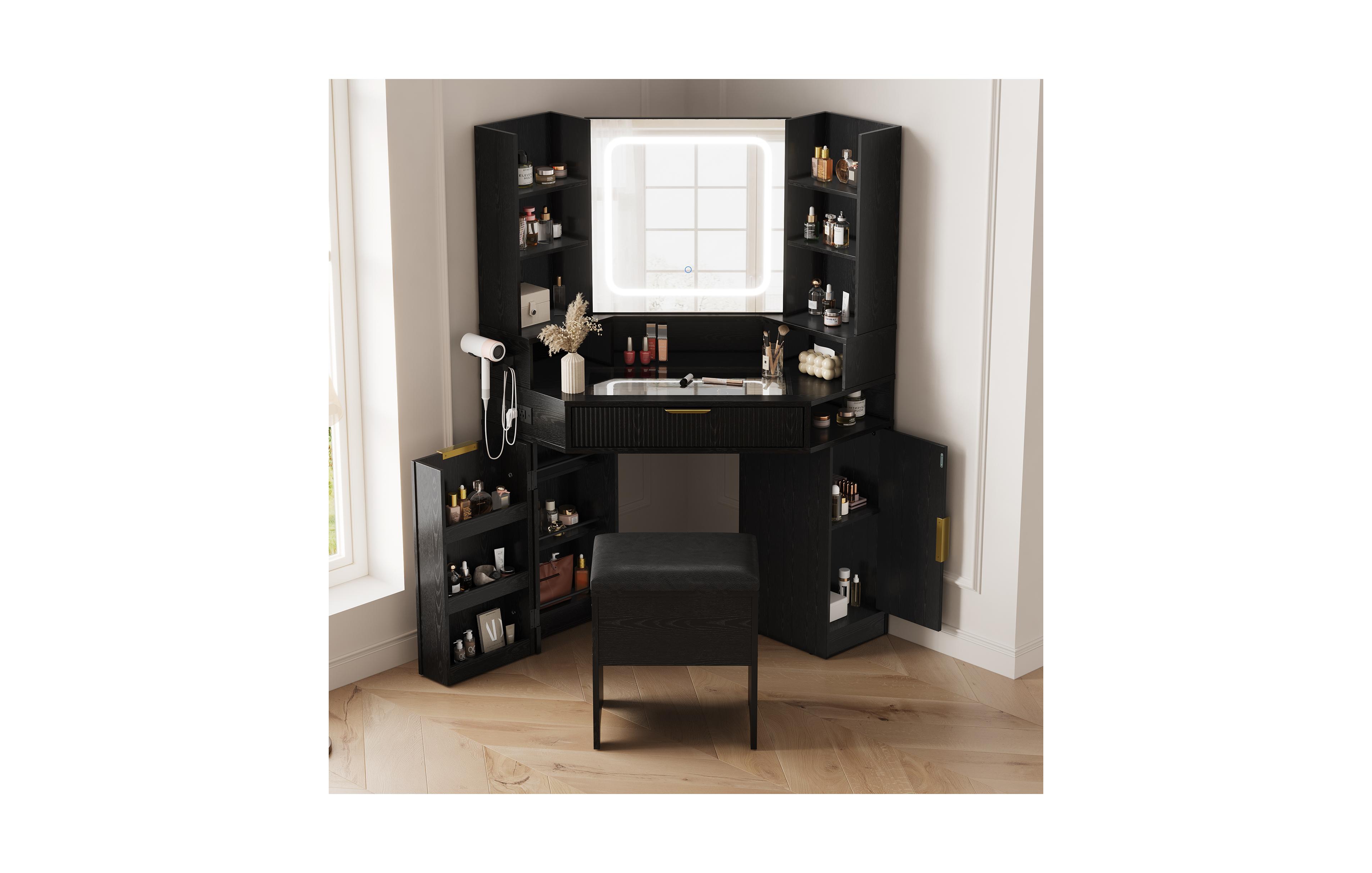 gaomon Corner Vanity Desk with Mirror and Lights - Glass Top, Charging Station, Dimmable Led, Drawers Cubby for Bedroom