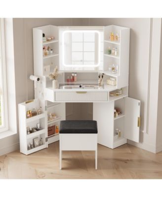 Corner Vanity Desk with Mirror and Lights - Glass Top, Charging Station, Dimmable LED, Drawers and Cubby for Bedroom