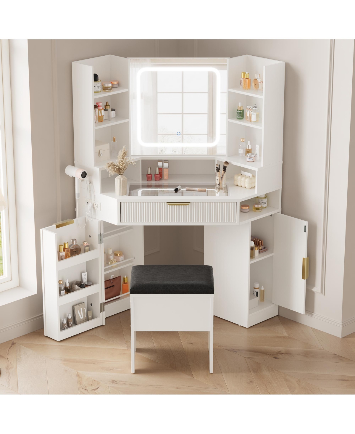 gaomon Corner Vanity Desk with Mirror and Lights - Glass Top, Charging Station, Dimmable Led, Drawers and Cubby for Bedroom - White