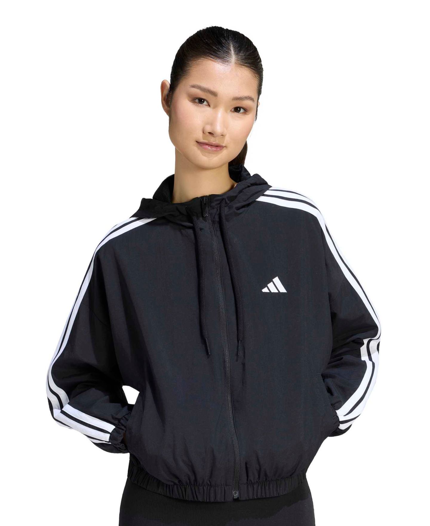 Женская куртка adidas Essentials 3-Stripes Hooded Loose-Fit Windbreaker, цвет: Чёрный / Белый — фото 1