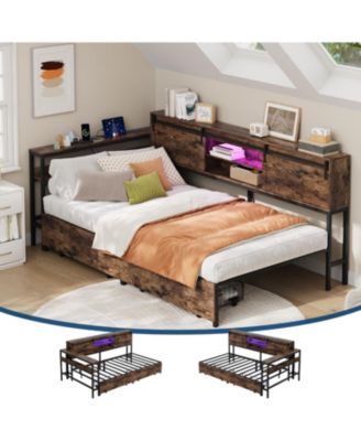 Twin Size Corner Bed Frame with Storage, Charging Station and RGB LED Light Metal Platform Bed Frame with 2 Storage Drawers, Adjustable Desk