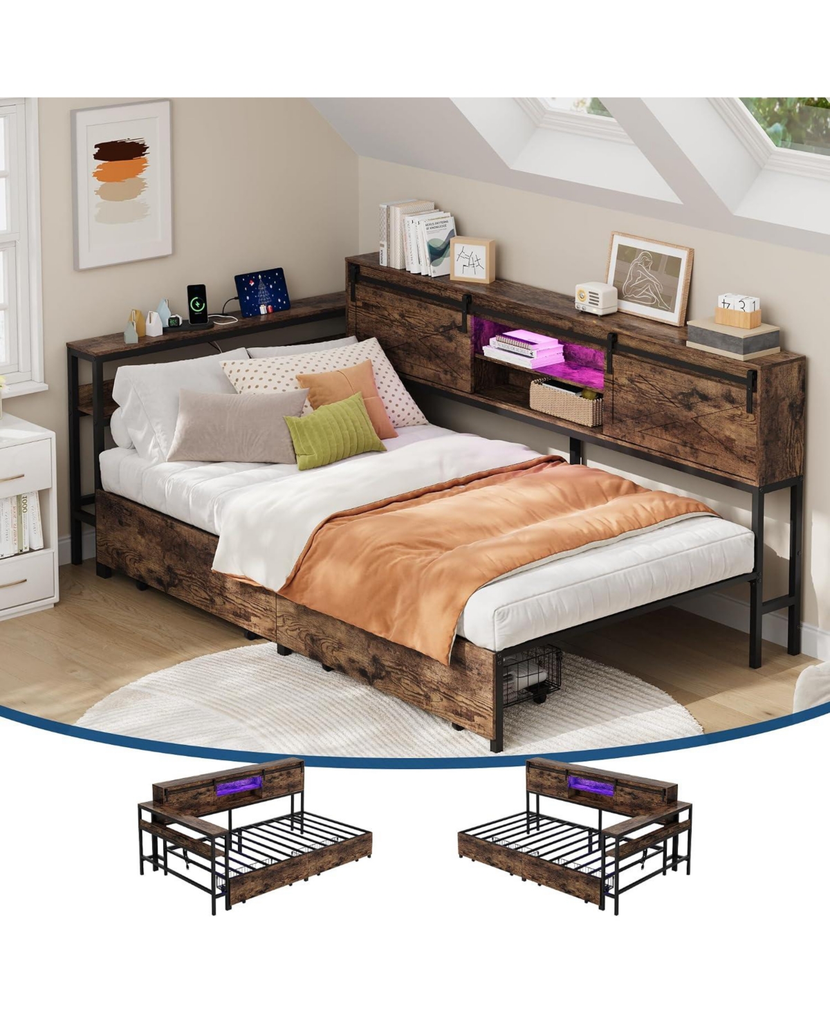 gaomon Twin Size Corner Bed Frame with Storage, Charging Station and Rgb Led Light Metal Platform Bed Frame with 2 Storage Drawers, Adjustable Desk -