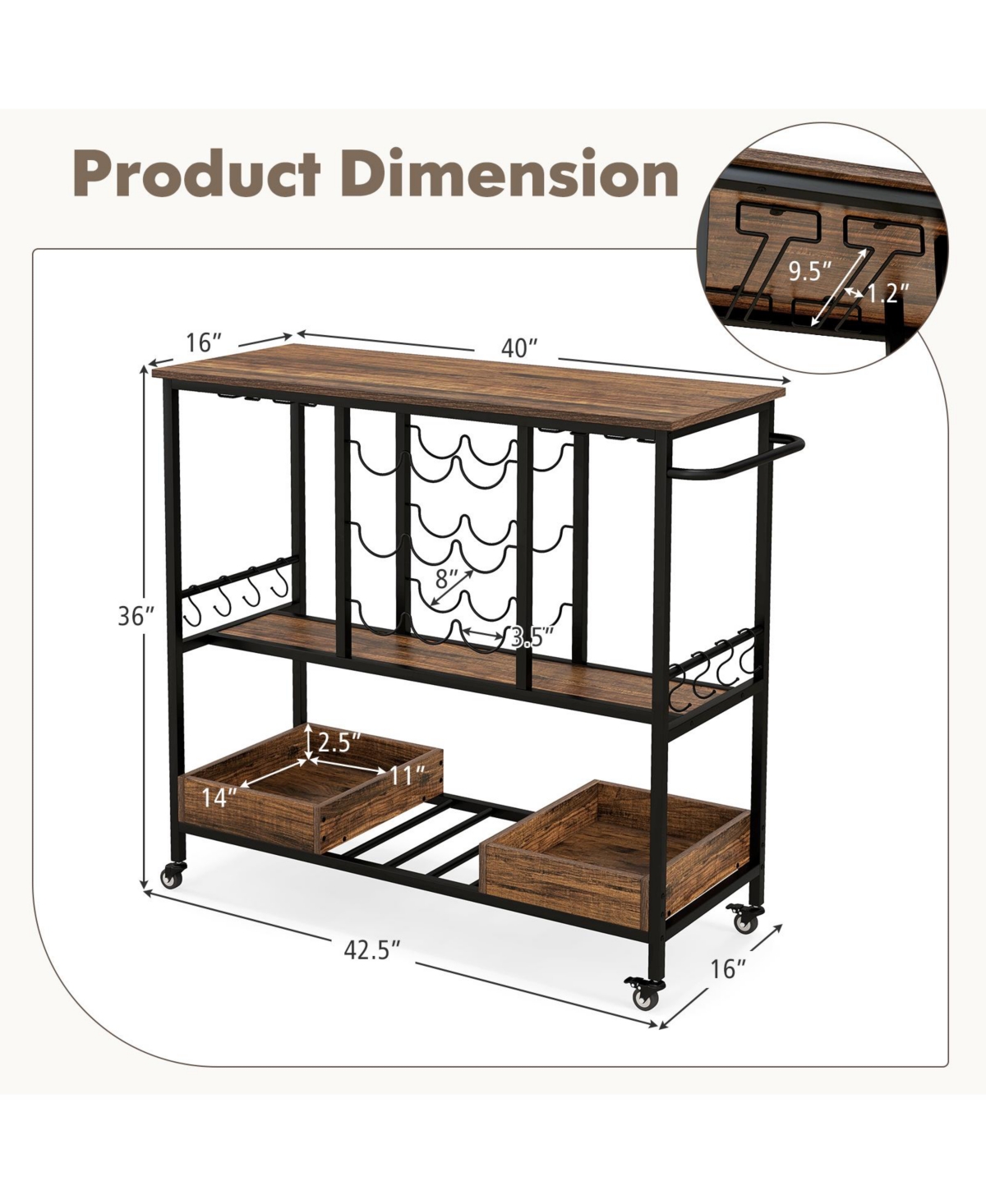 Sugift 3-Tier Rolling Bar Cart with Glass Racks and Bottle Holders