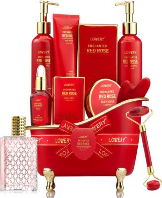 Luxe 11pc  Rose Bath and Body Care Gift Set with Perfume, Jade Roller, Gua Sha