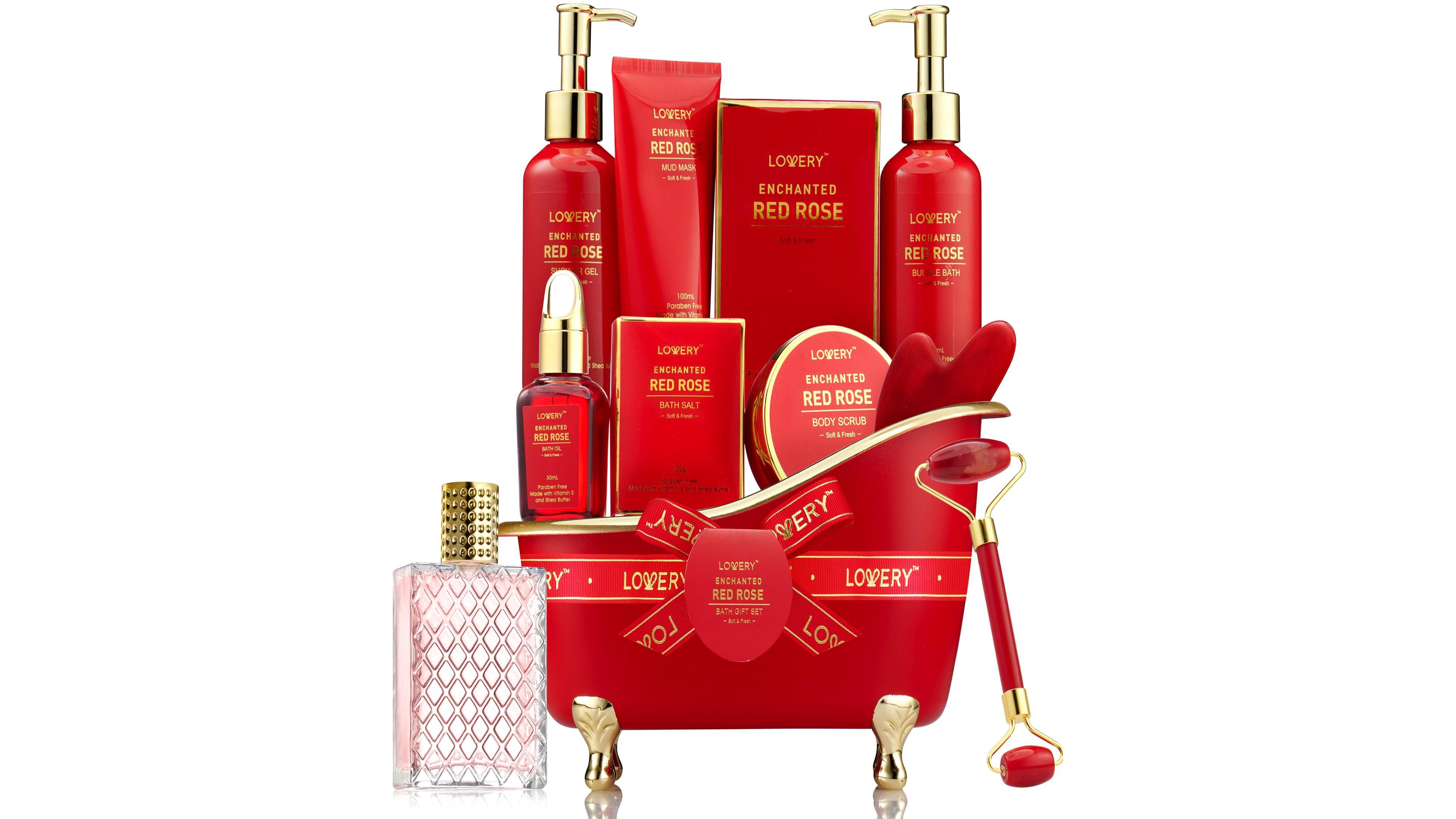 Lovery Luxe 11pc Rose Bath and Body Care Gift Set with Perfume, Jade Roller, Gua Sha