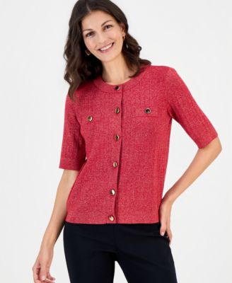 Petite Lurex Pointelle Short-Sleeve Cardigan Sweater