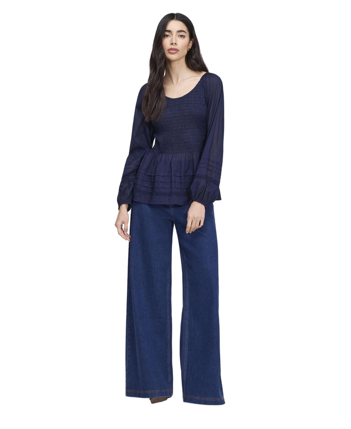 Женская блузка Finery London Jennie Scoop Neck Long-Sleeve Shirred, цвет: Тёмно-синий — фото 4