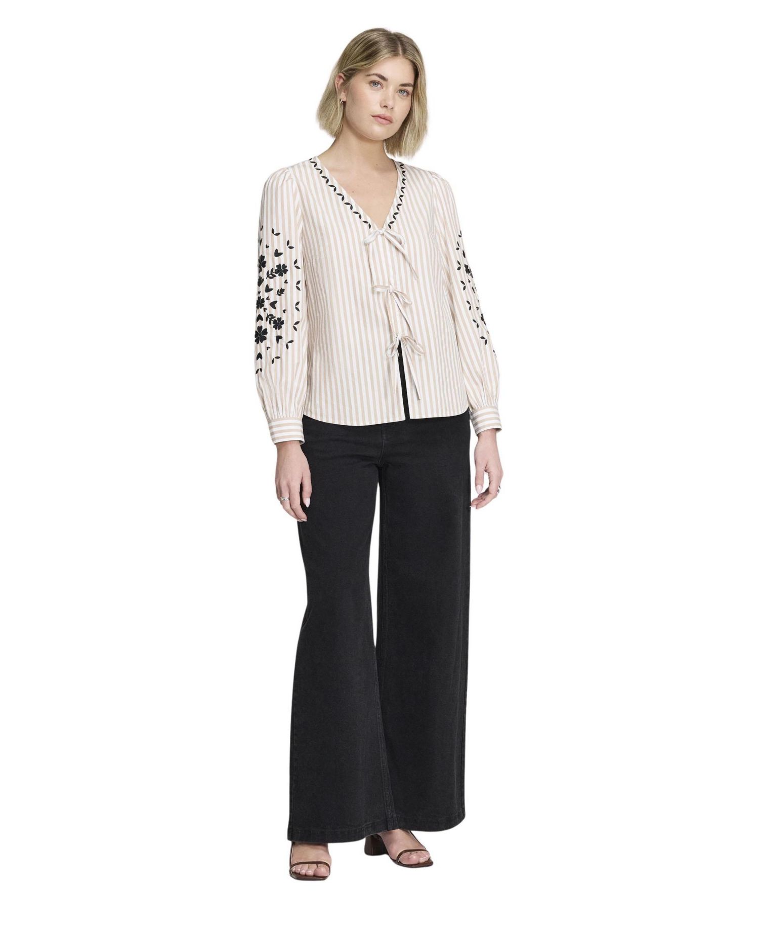 Women's Karlee Striped Tie-Front Long-Sleeve Top