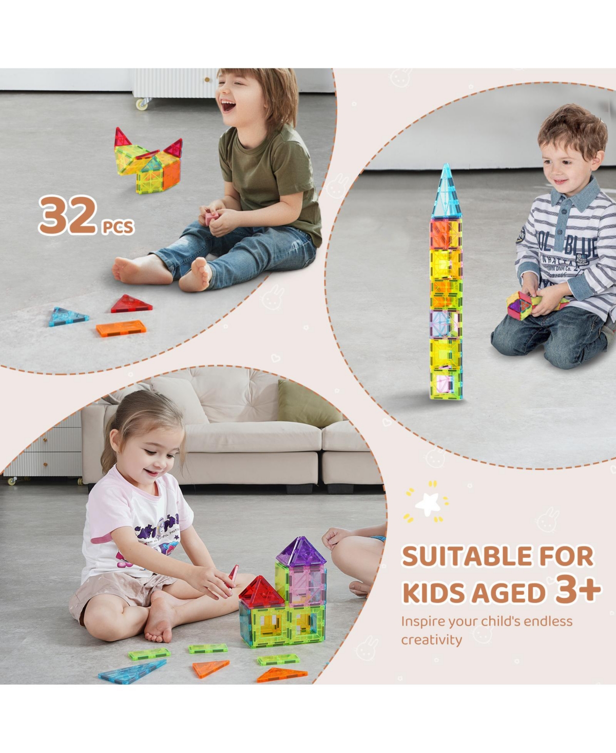 Sugift Magnetic Building Tiles 32-Piece Building Set, Ages 3+