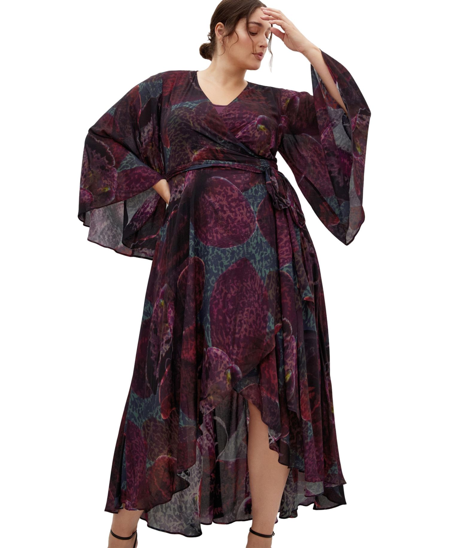 Women's Plus Size Evangeline V-Neck Bell-Sleeve Floral-Print Wrap Maxi Dress