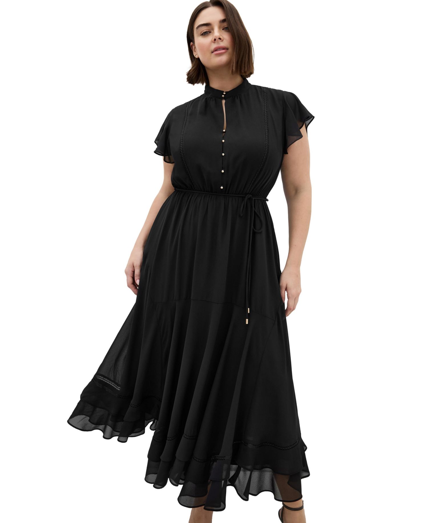 Plus Size Yasmine Victorian-Turtleneck Sheer Cap-Flutter Sleeves Maxi Dress