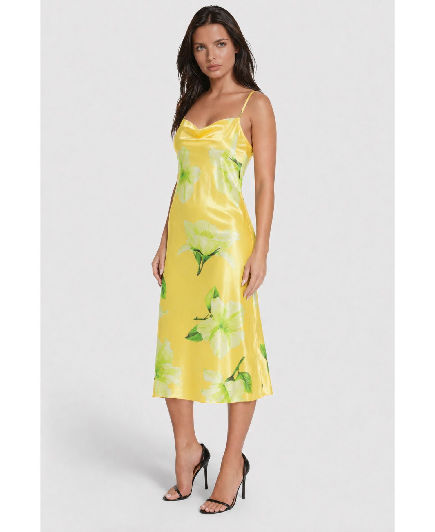 Women's Satin Printed Cowl Neck Maxi Dress