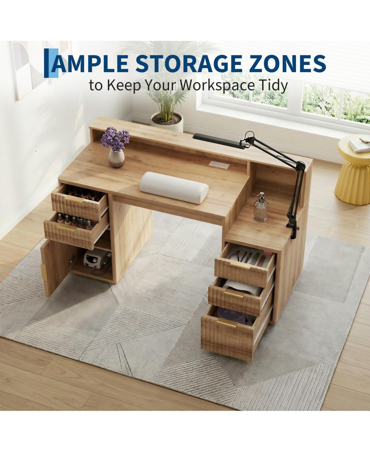 gaomon Rectangular Computer Desk with Hutch, Printer Stand and Ripple Door Storage, Space-Saving Home Office Writing Desk