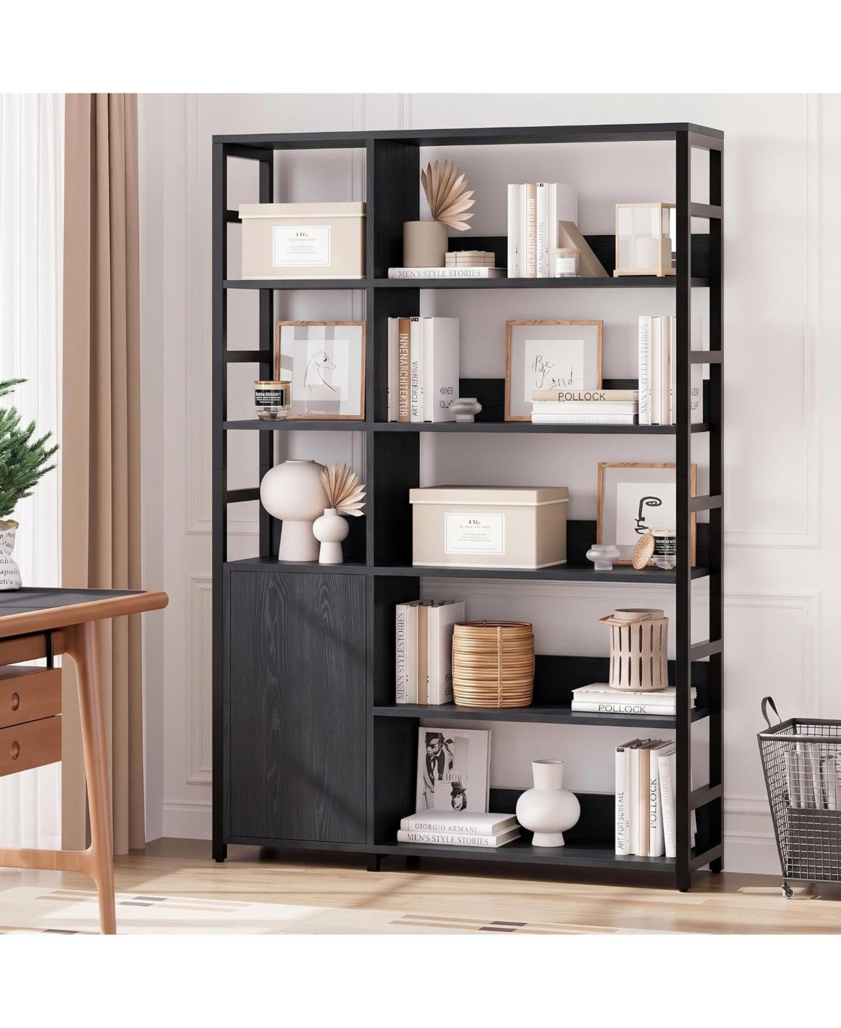 gaomon 71.1-Inch Industrial Bookcase with Door, 8 Open Shelves, Metal Frame, Adjustable Shelf, Protective Rails, for Living Room and Office