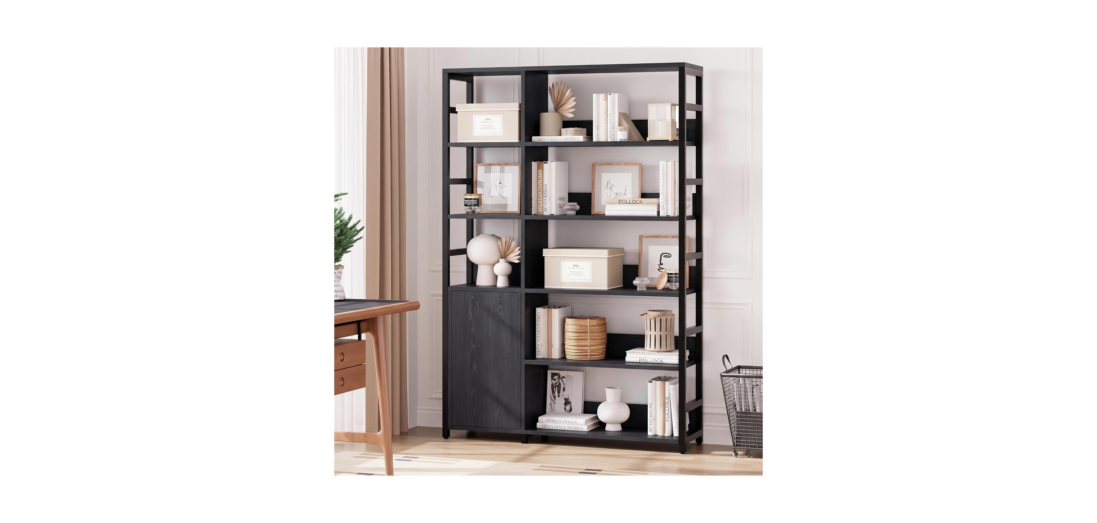 gaomon 71.1-Inch Industrial Bookcase with Door, 8 Open Shelves, Metal Frame, Adjustable Shelf, Protective Rails, for Living Room and Office