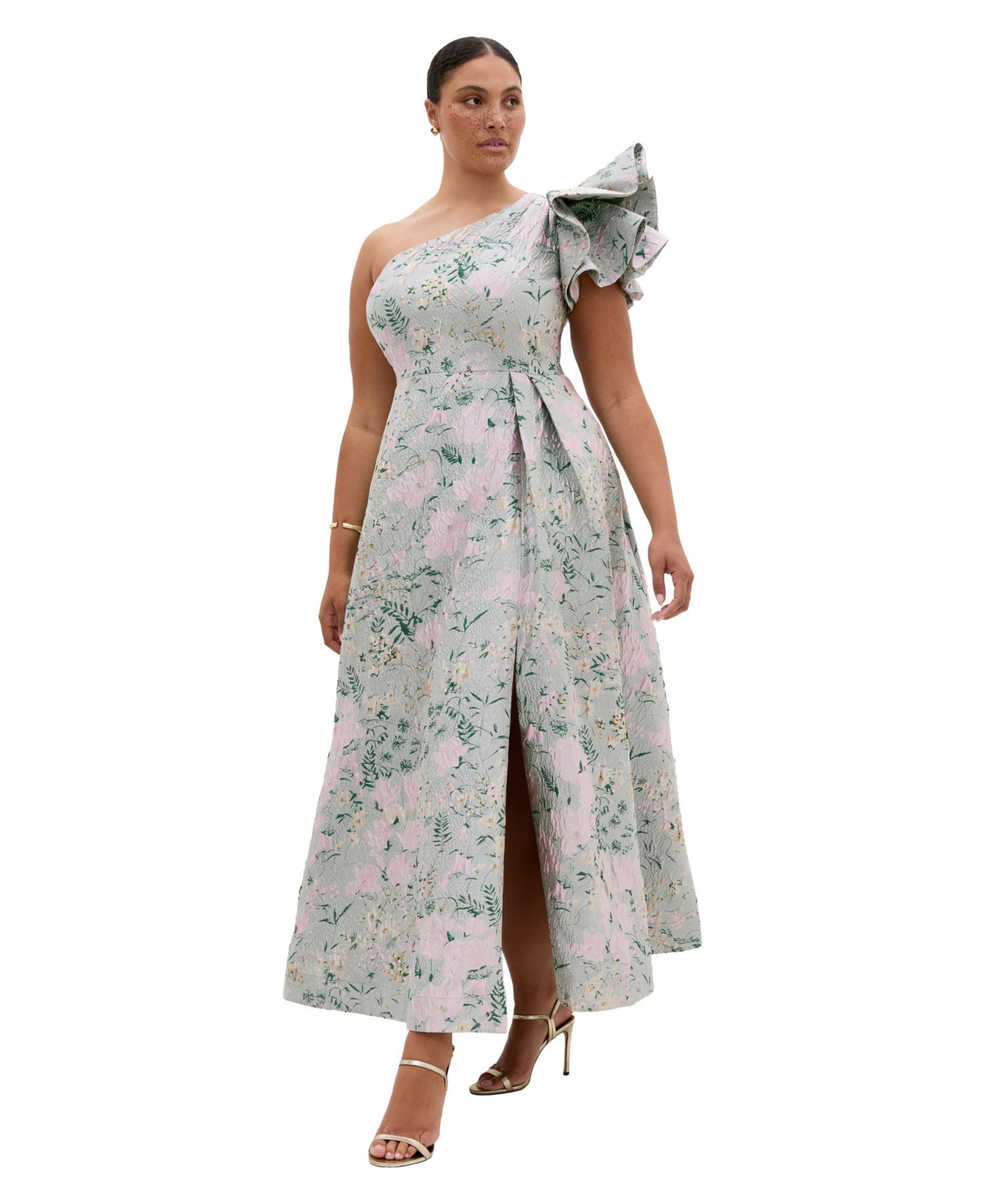 Plus Size Enchanting One-Shoulder Floral A-Line Maxi Dress