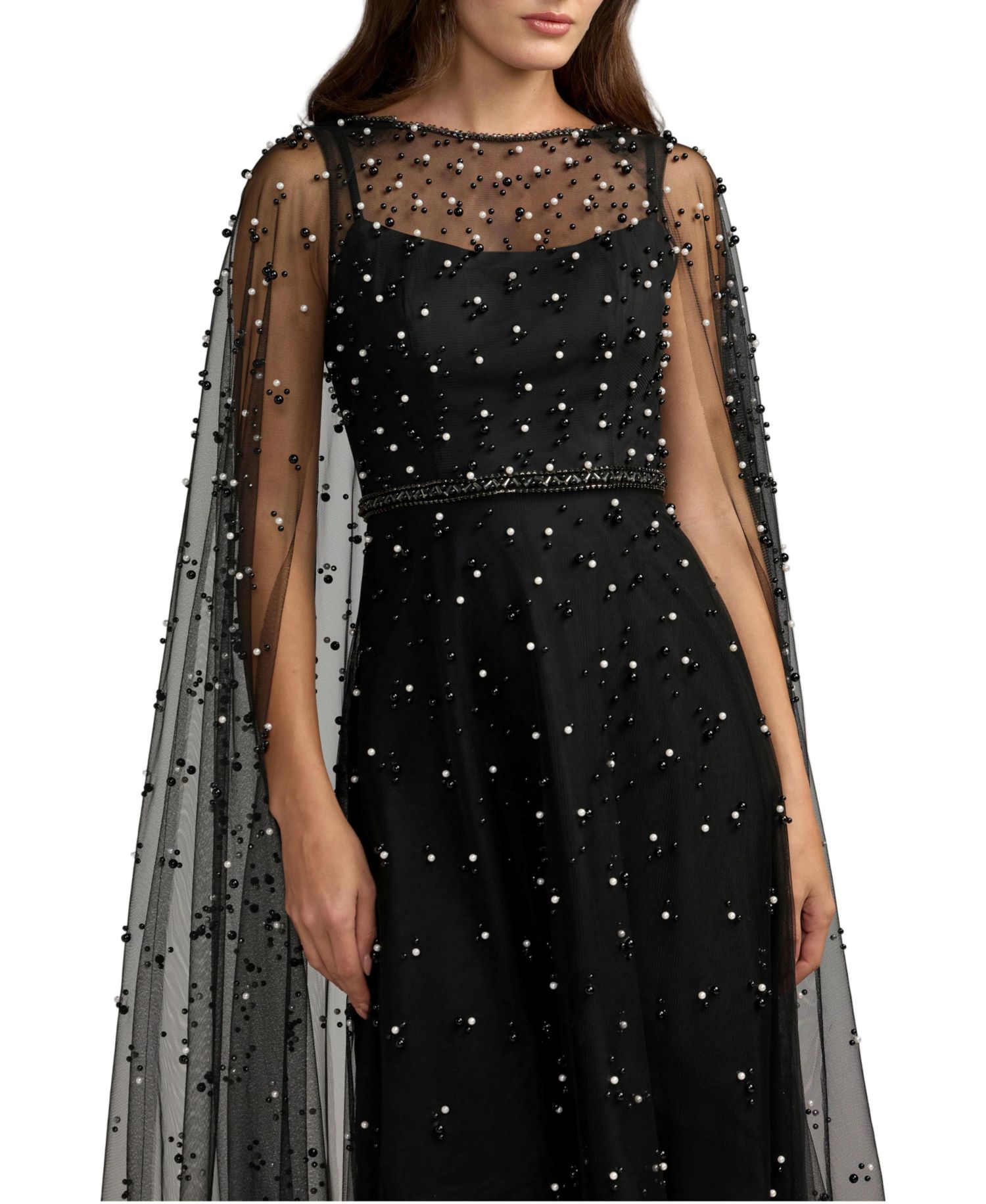 Women's Pearl Embellished Cape A-Line Gown