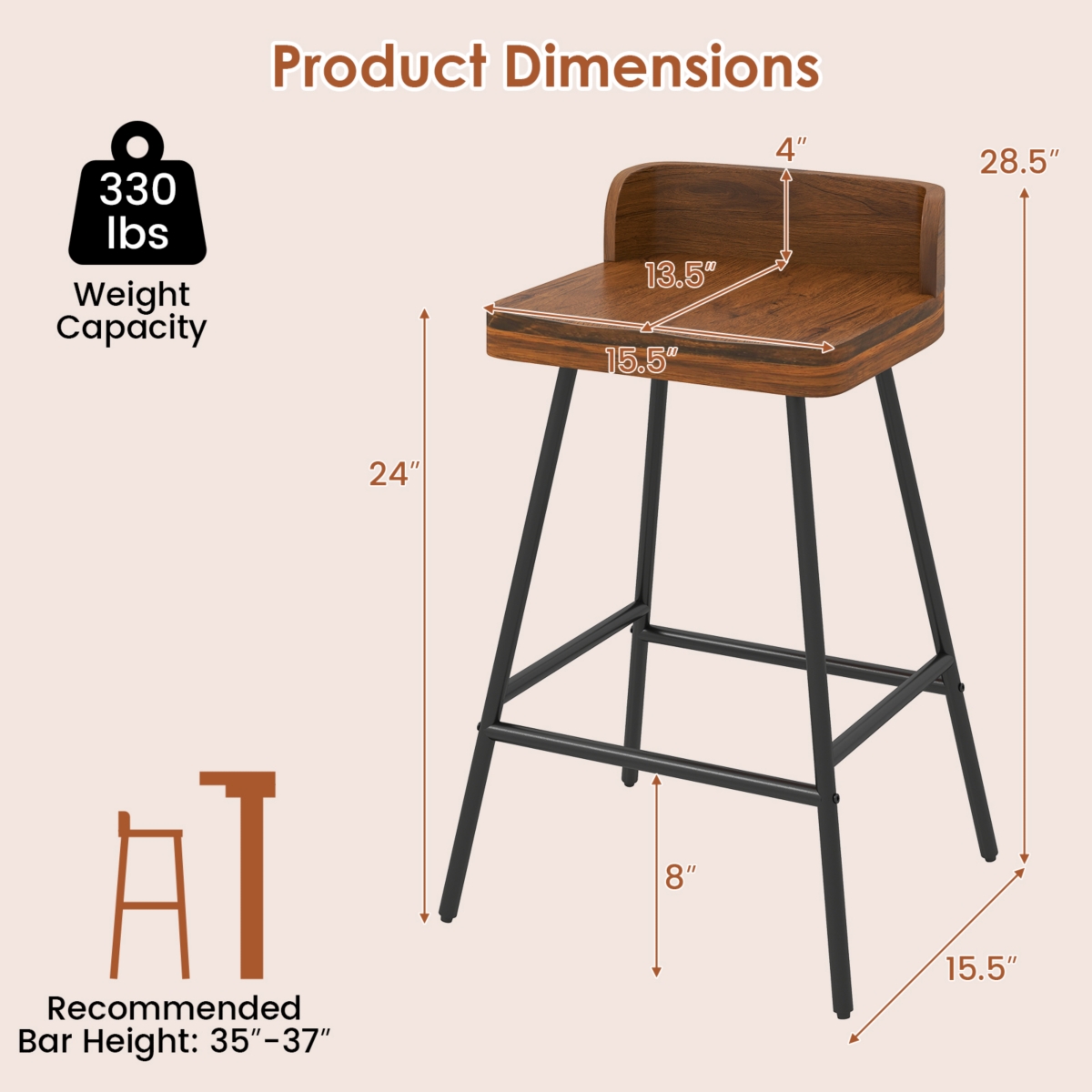 Gymax 24'' Counter Height Bar Stool with Low Back Metal Legs Footrest for Kitchen Island