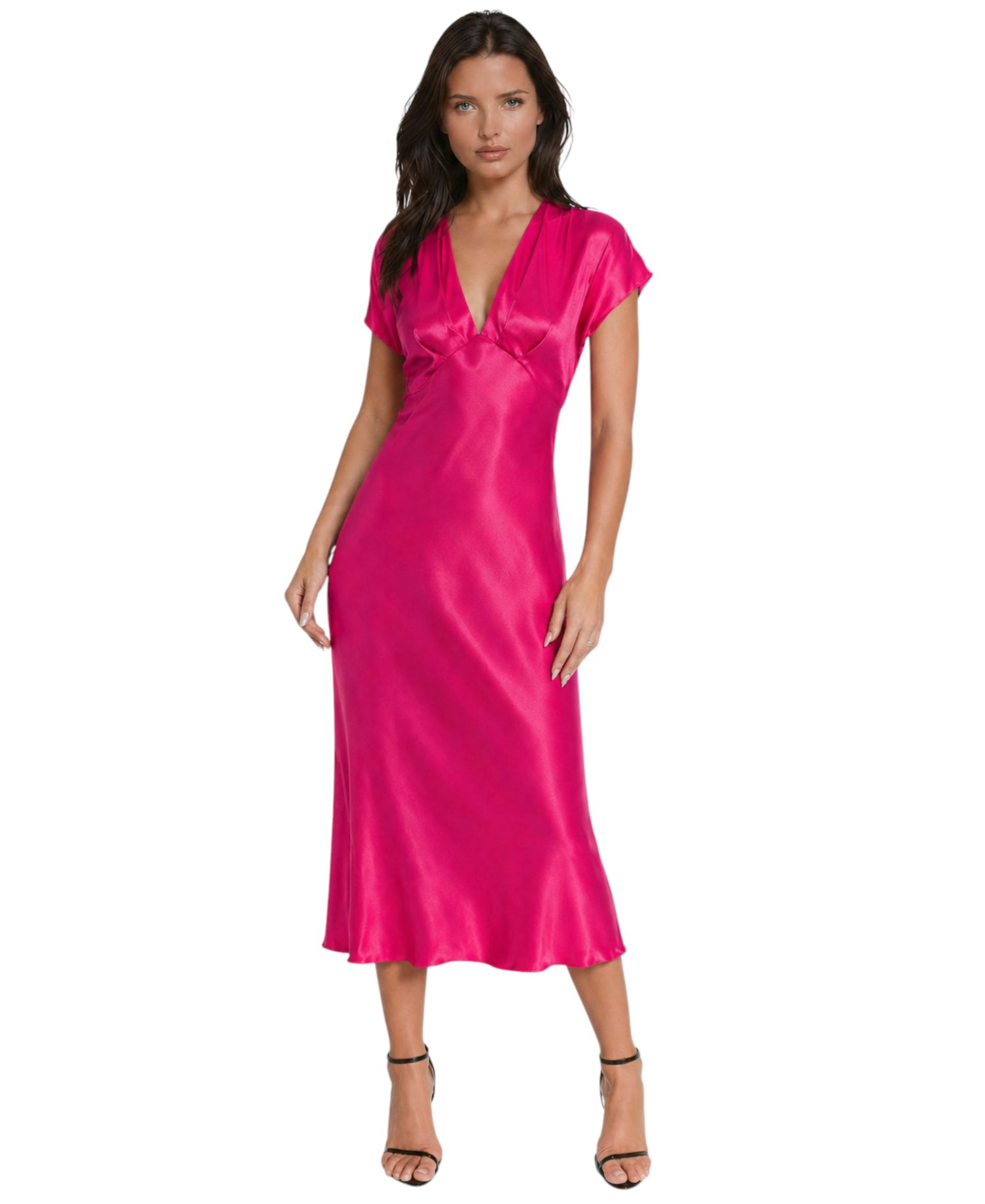 Women's Satin V-Neck Cap-Sleeve Maxi Dress