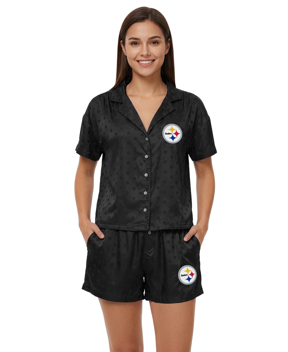 Concepts Sport Women's Pittsburgh Steelers Wink Dot Satin-Jacquard Polka-Dot Shirt and Shorts Set - Black