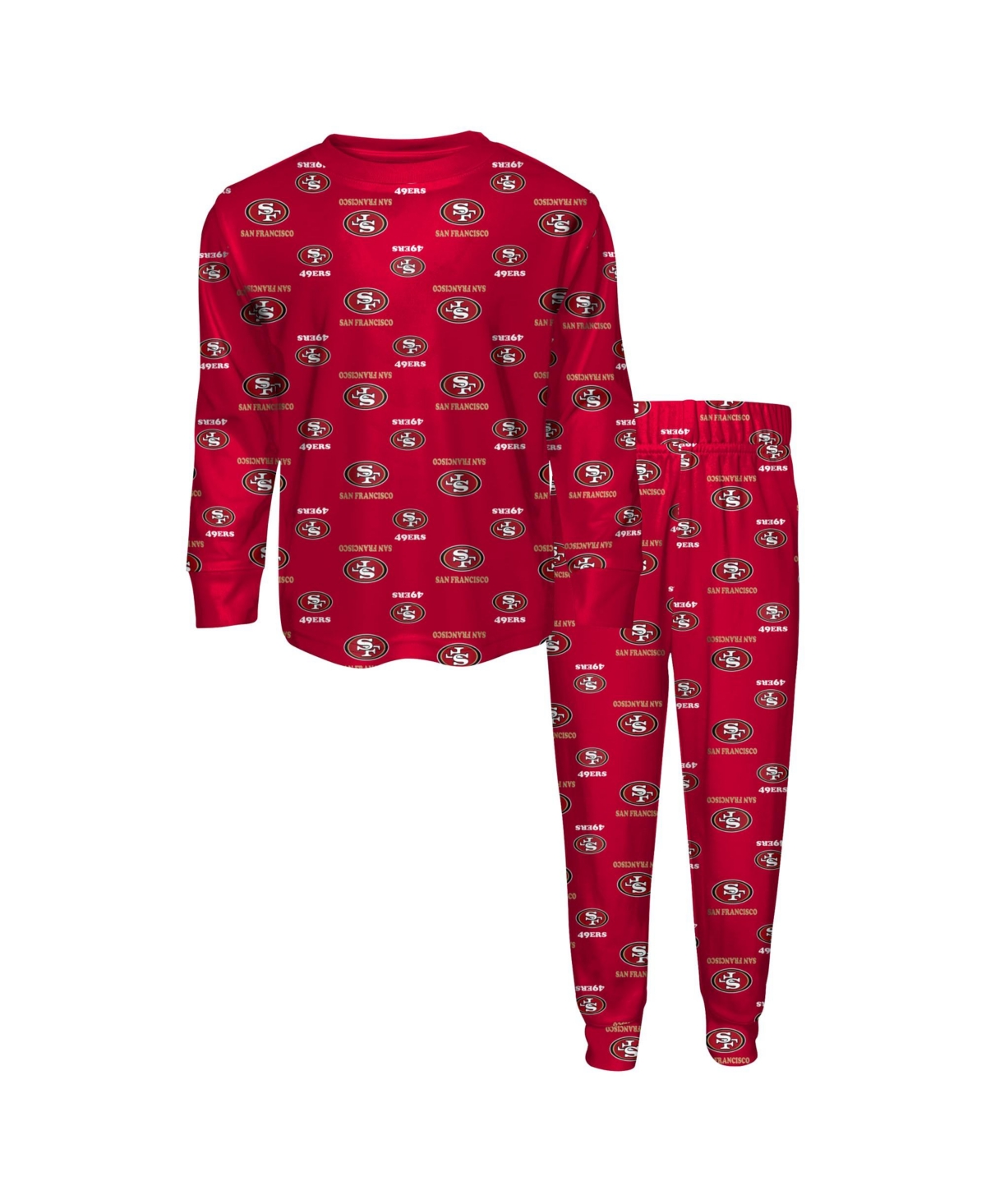 Outerstuff Boys' and Girls' 2T-5T San Francisco 49ers All-Over Team Logo Print Long-Sleeve T-Shirt Pants, 2-Piece Set