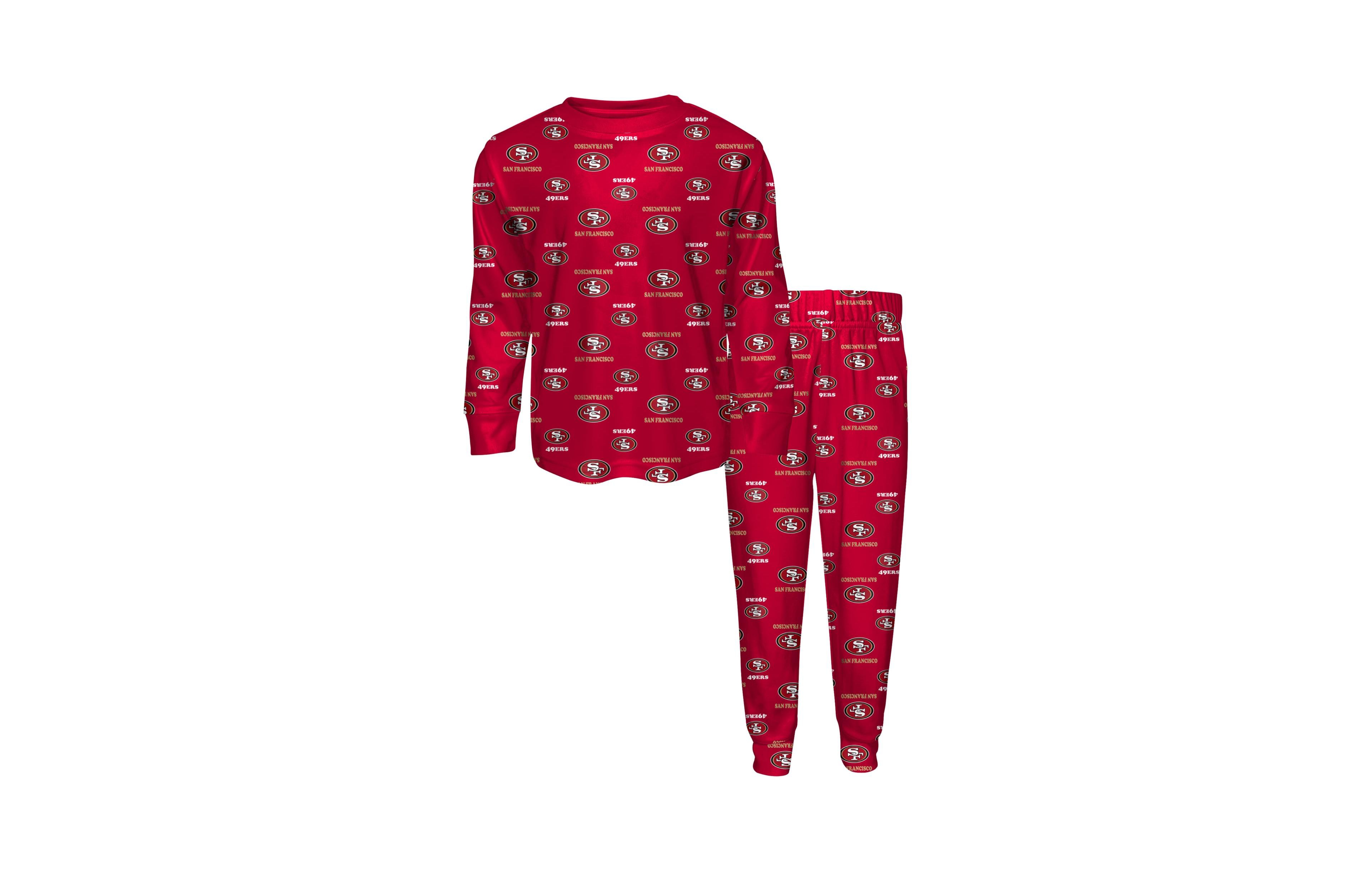 Outerstuff Boys' and Girls' 2T-5T San Francisco 49ers All-Over Team Logo Print Long-Sleeve T-Shirt Pants, 2-Piece Set