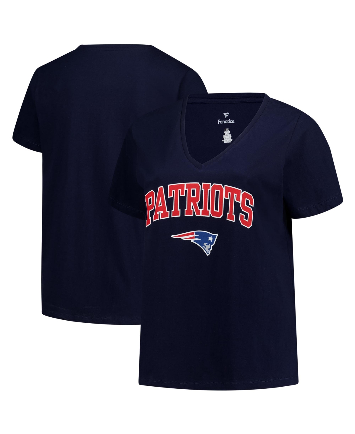 Fanatics Plus Size New England Patriots Arch Over Logo V-Neck Screen Print T-Shirt - Navy