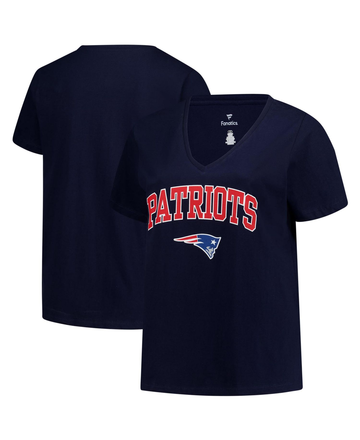 Plus Size New England Patriots Arch Over Logo V-Neck Screen Print T-Shirt