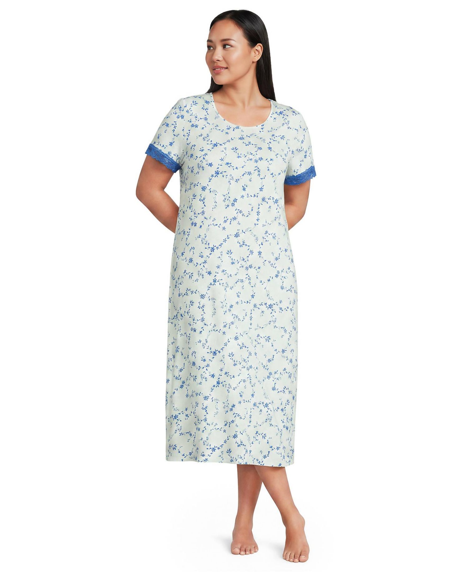 Plus Size Cooling Floral Mid-Calf Short-Sleeve Scoop Neck Nightgown