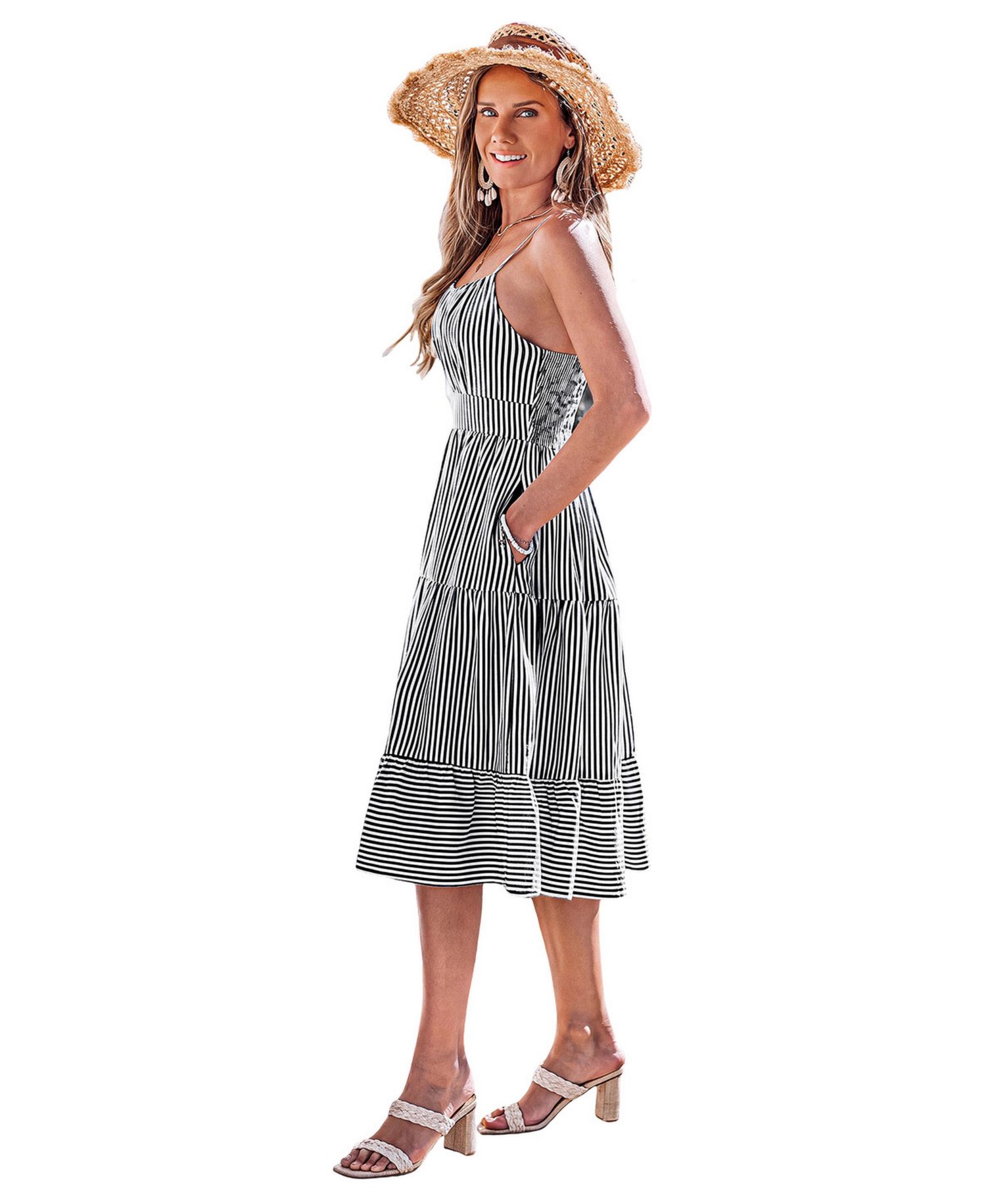 Women's Vertical-Stripe Spaghetti-Strap Tiered Midi Dress