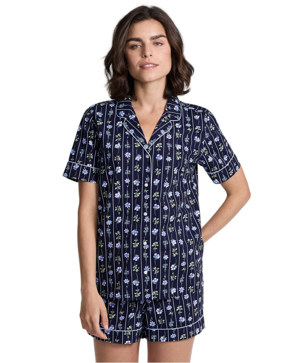 Lands' End Women's Cotton Poplin 2 Piece Pajama Set - Short Sleeve Top and Shorts - Deep sea navy floral stripe