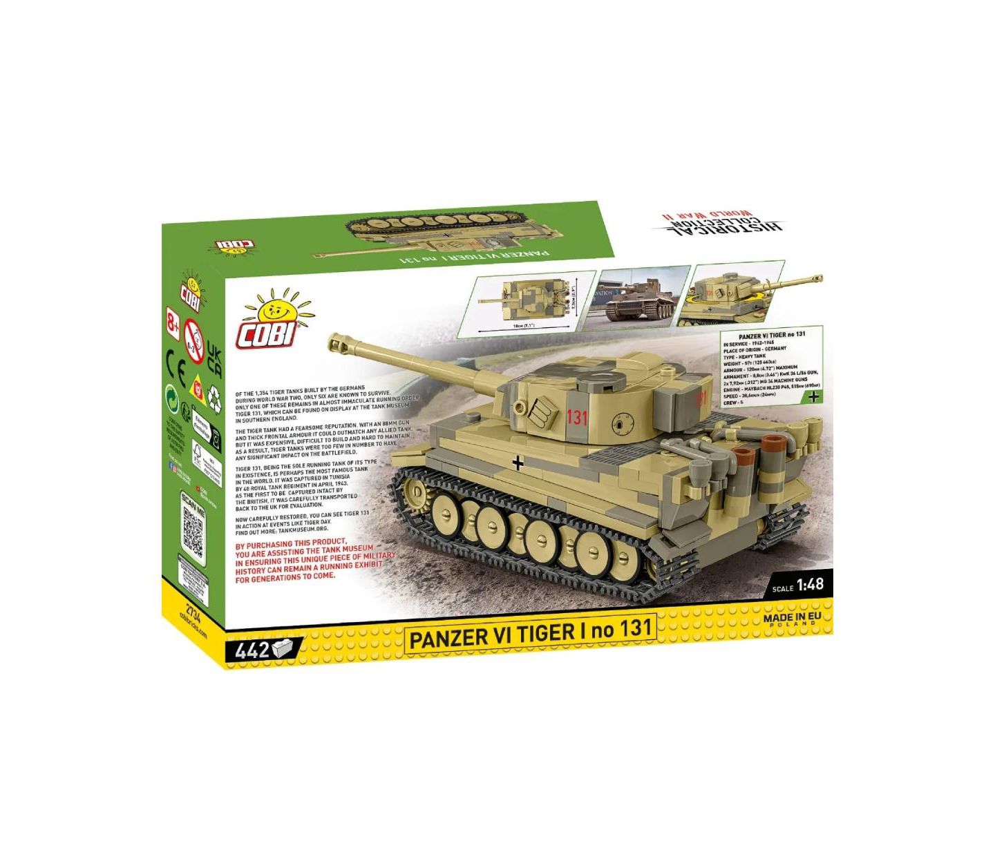 Детские майки COBI Historical Collection Wwii Panzer VI Tiger 1 no. 131 Tank, 442 pieces — фото 2