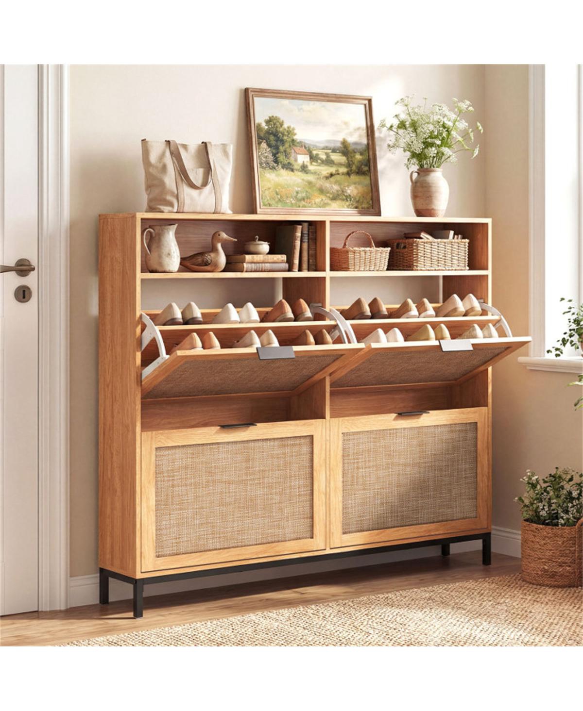 Slickblue 4-Drawer Shoe Cabinet with Open Shelves and Freestanding Storage