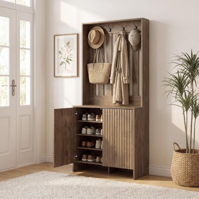 Tall Shoe Cabinet with Doors and Hooks, Entryway Shoe Storage